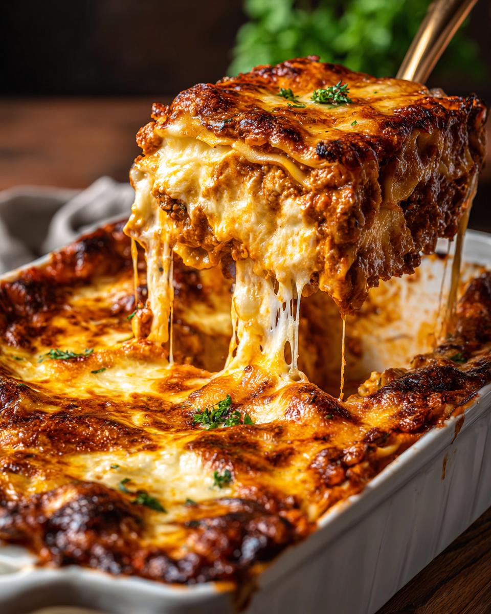 A slice of delicious vegetable lasagna is lifted from the baking dish, showcasing gooey, melted cheese strings.