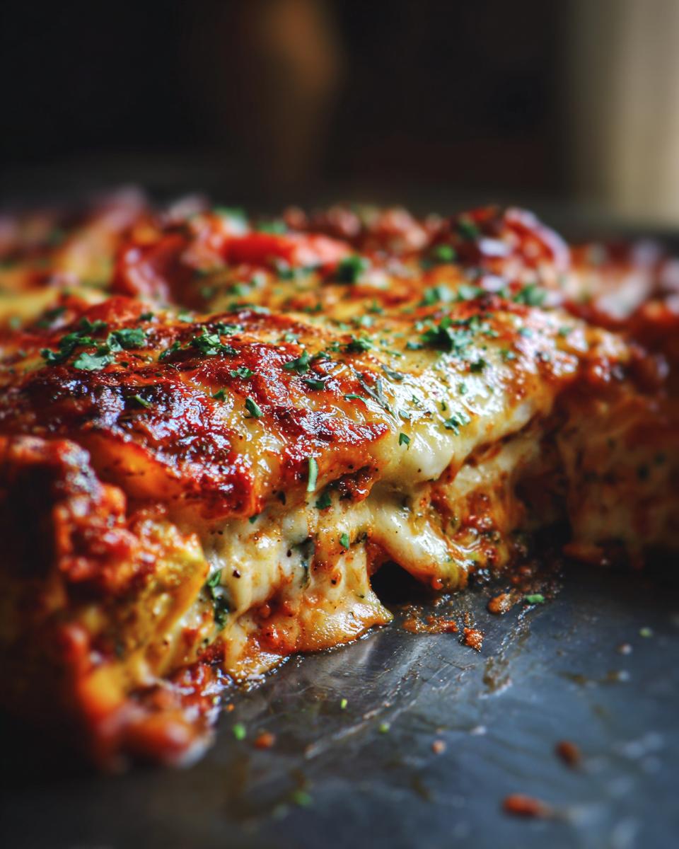 Close-up of a slice of bubbling hot vegetable lasagna with melted cheese and herbs.