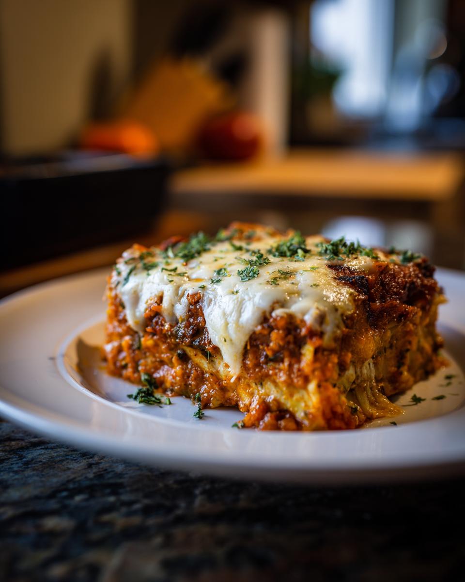 A tempting slice of vegetable lasagna on a white plate, topped with melted cheese and fresh parsley.