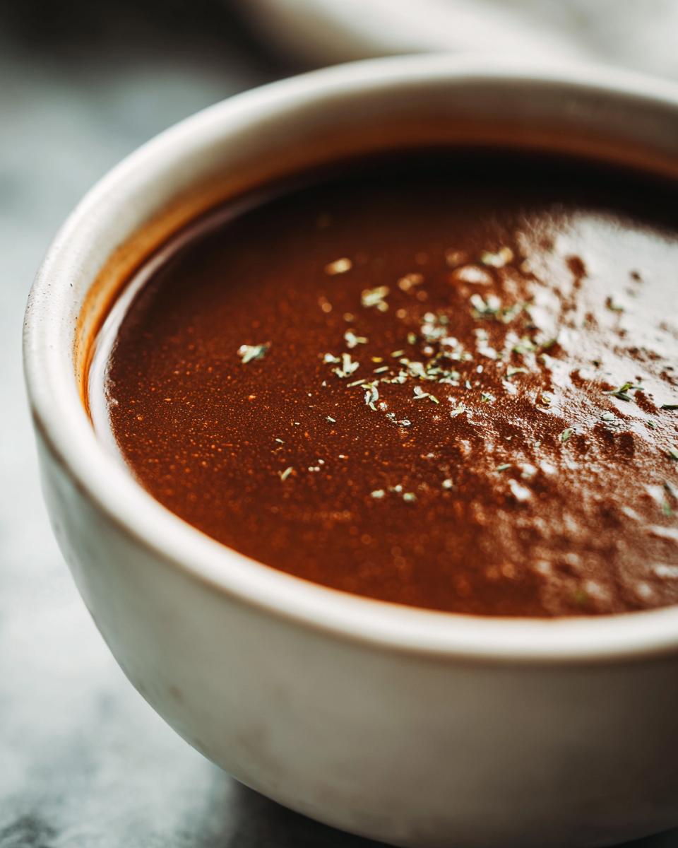 Close-up of a bowl filled with rich, dark vegetarian gravy, sprinkled with herbs.