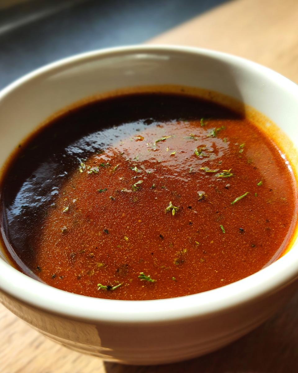 A close-up of rich, dark vegetarian gravy in a white bowl, garnished with herbs.