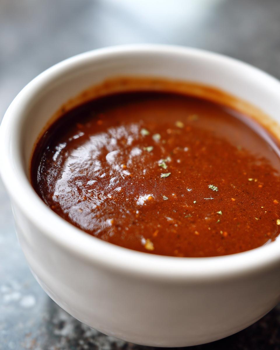 Close-up of a bowl filled with rich, dark vegetarian gravy, sprinkled with herbs.
