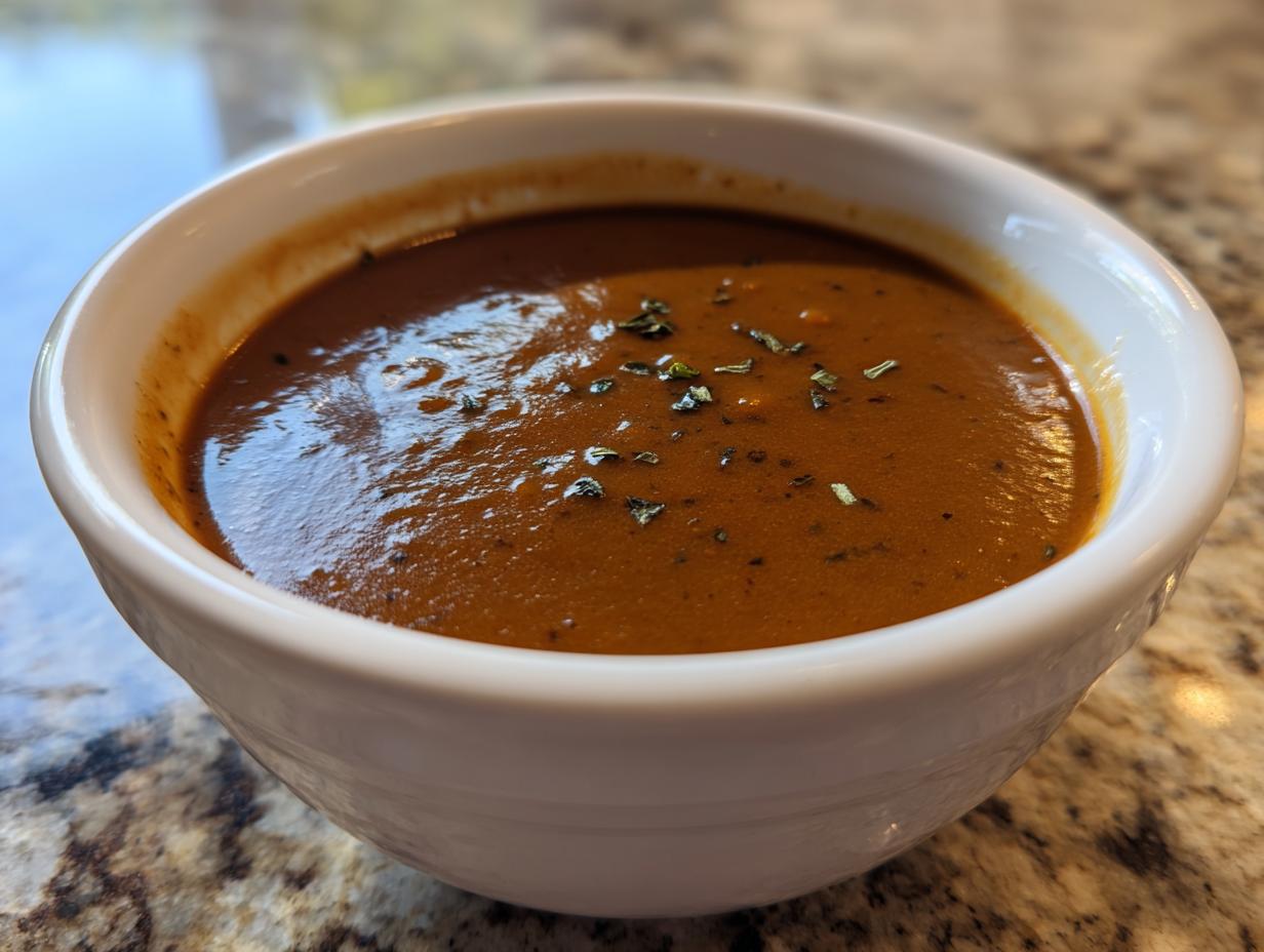 A close-up of a white bowl filled with rich, dark vegetarian gravy, garnished with dried herbs.