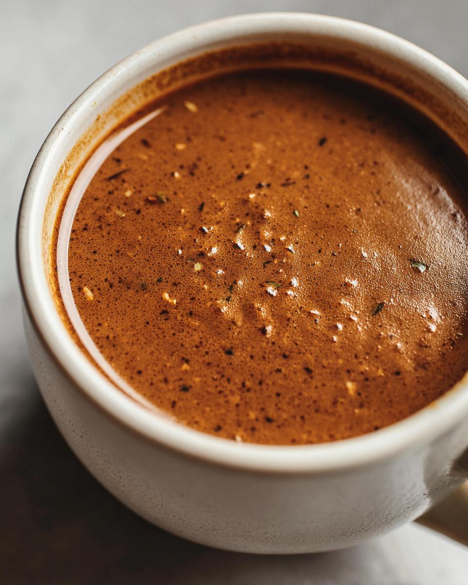 Close-up of rich, smooth vegetarian gravy in a white bowl, seasoned with herbs and spices.