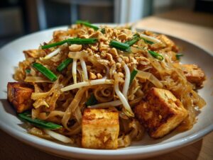 A close-up of a white plate filled with vegetarian Pad Thai, featuring rice noodles, fried tofu cubes, bean sprouts, and chopped peanuts.