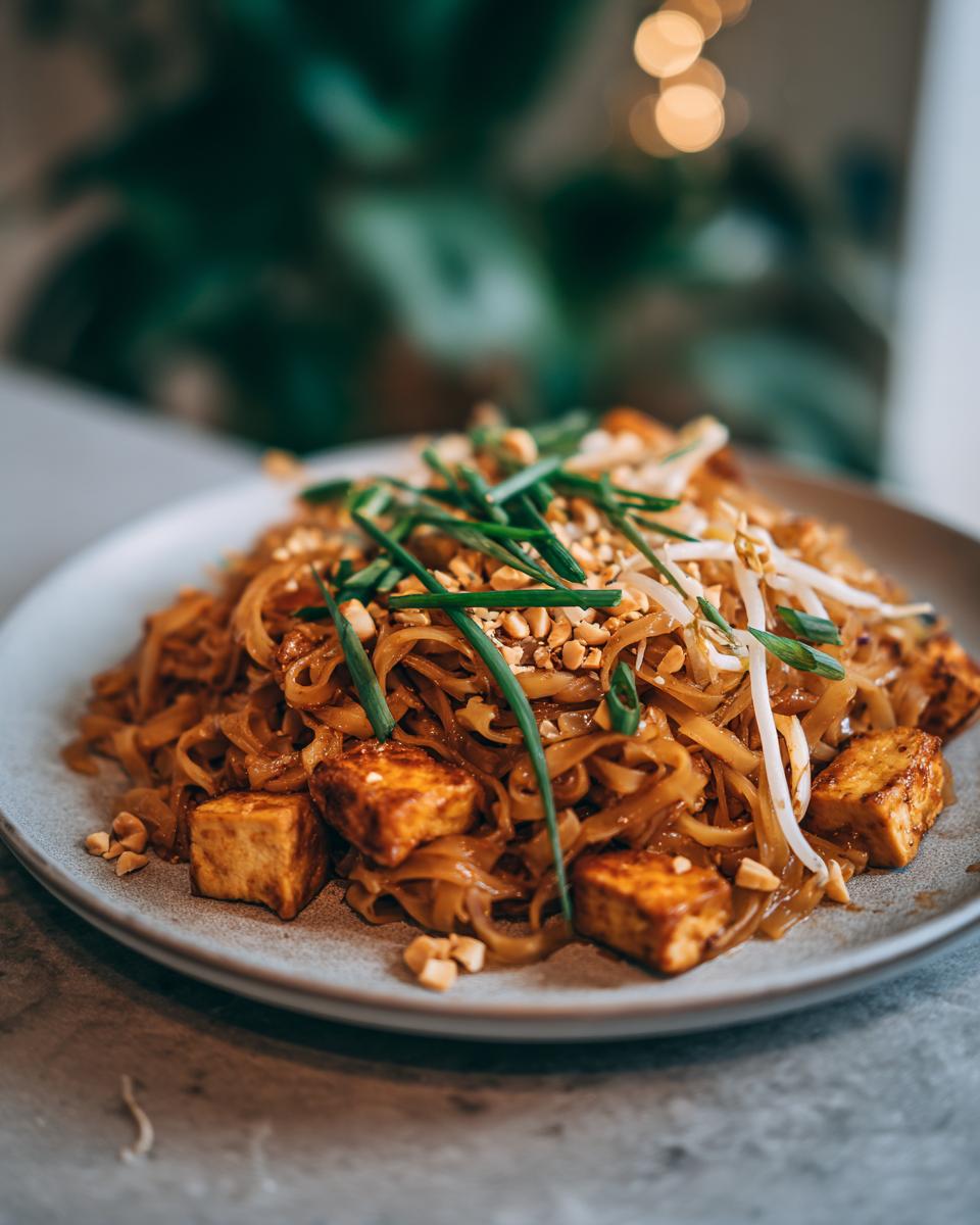 A close-up of vegetarian Pad Thai noodles with crispy tofu cubes, bean sprouts, and chopped peanuts.