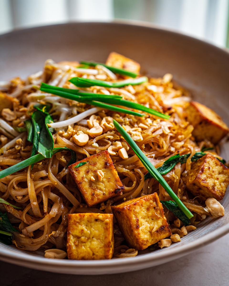 Close-up of a bowl of delicious vegetarian Pad Thai noodles topped with crispy tofu cubes, bean sprouts, peanuts, and green onions.