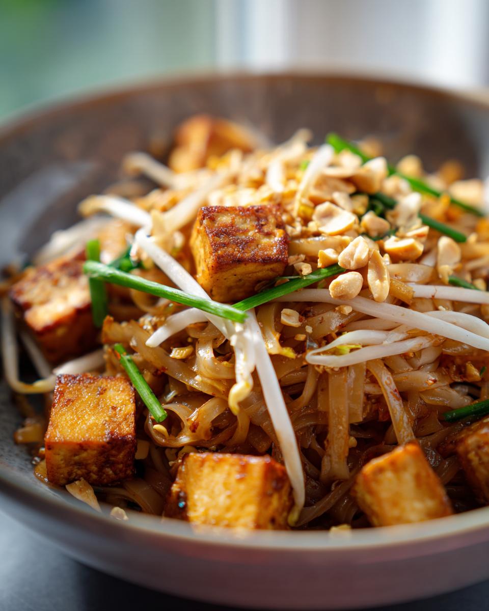 Close-up of a bowl of vegetarian Pad Thai noodles with crispy tofu cubes, bean sprouts, and chopped peanuts.