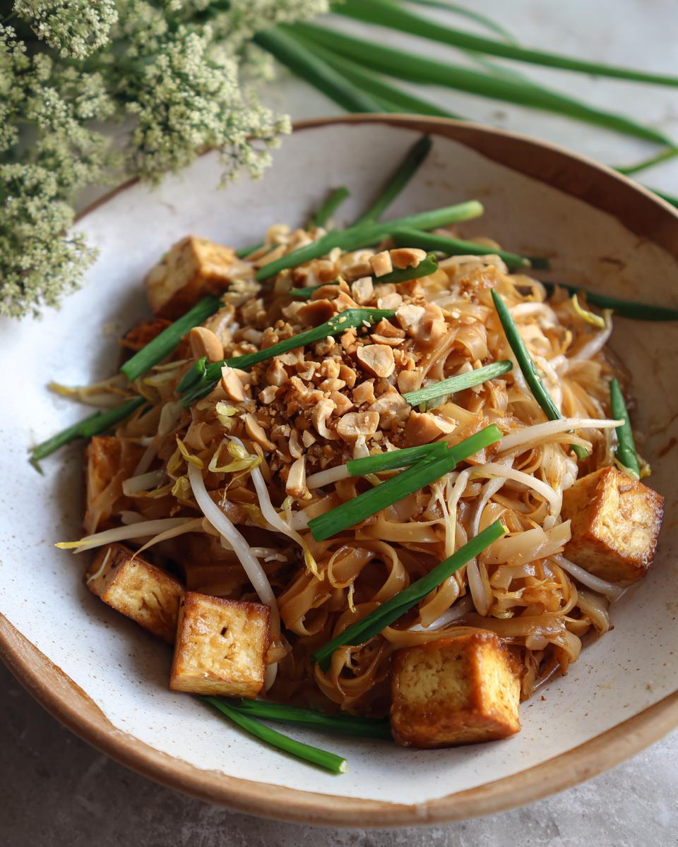A close-up of a bowl of delicious vegetarian Pad Thai, featuring rice noodles, fried tofu cubes, bean sprouts, and chopped peanuts.