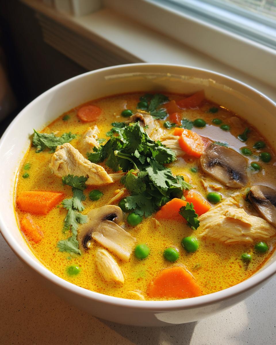 Close-up of a vibrant yellow coconut curry soup bowl filled with chicken, carrots, mushrooms, peas, and cilantro.