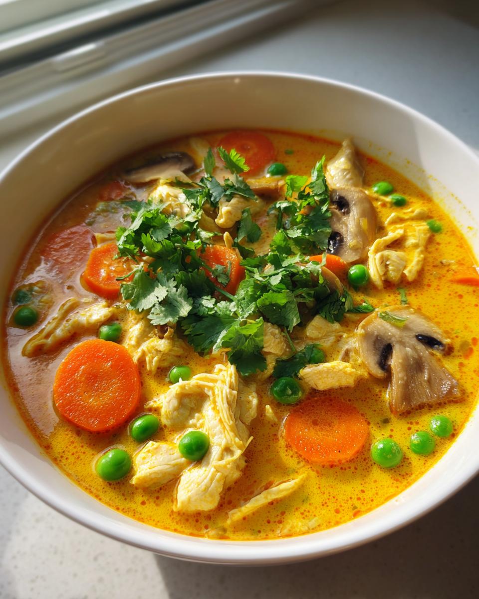 A close-up of a rich, yellow coconut curry soup filled with shredded chicken, sliced carrots, peas, mushrooms, and fresh cilantro.