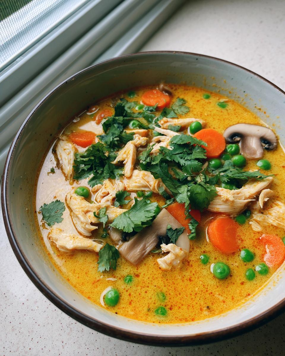 A close-up bowl of rich, yellow coconut curry soup topped with shredded chicken, carrots, peas, mushrooms, and fresh cilantro.