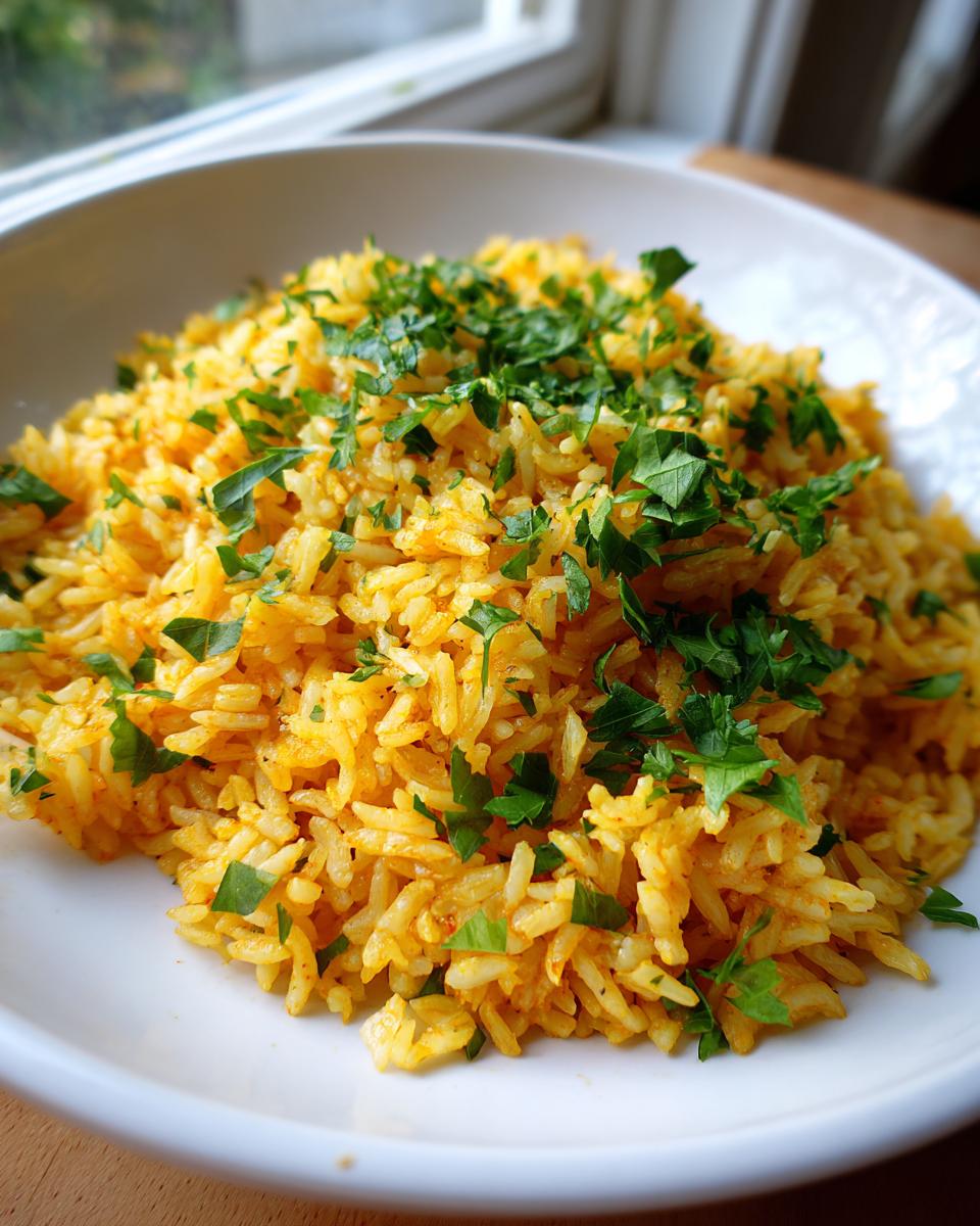 A close-up of fluffy, yellow turmeric rice served in a white bowl and topped generously with fresh chopped parsley.