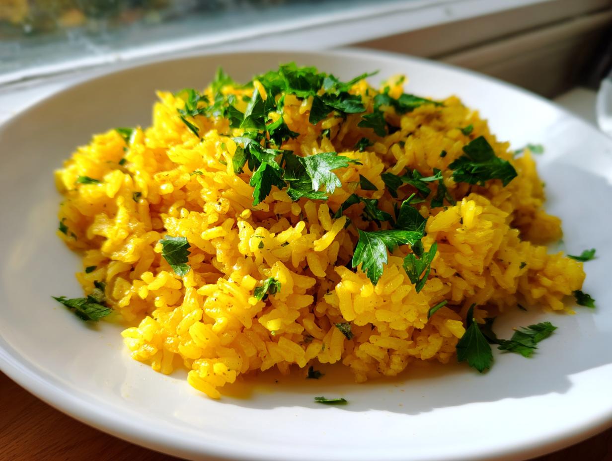 A serving of vibrant yellow turmeric rice topped generously with fresh, chopped green parsley on a white plate.
