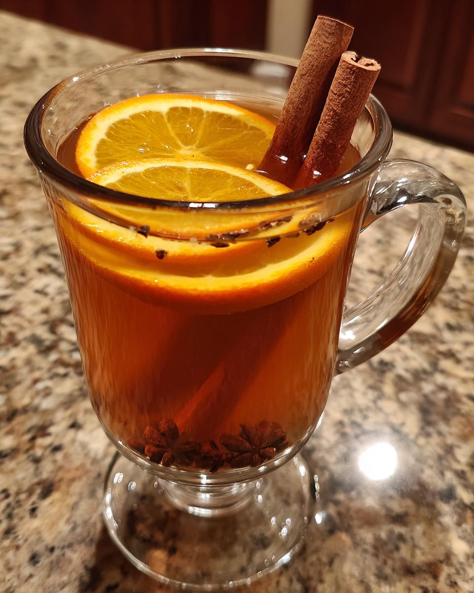A clear glass mug filled with warm apple cider, garnished with orange slices, cinnamon sticks, and star anise.