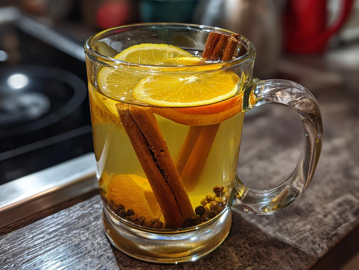 A clear mug filled with warm apple cider, garnished with orange slices, cinnamon sticks, and whole cloves.