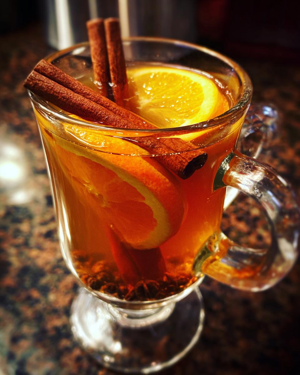 A close-up of a glass mug filled with warm apple cider, garnished with orange slices, cinnamon sticks, and whole cloves.