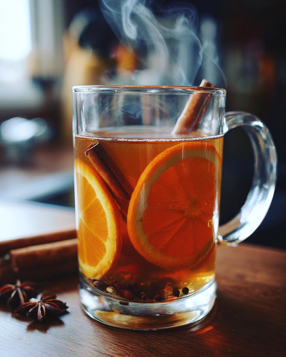 A steaming mug of warm apple cider with orange slices, cinnamon sticks, and spices.