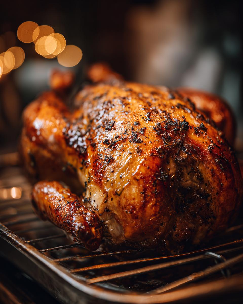 A perfectly roasted whole turkey, glistening and seasoned, resting on a rack in a roasting pan. This turkey was prepared using our amazing turkey brine.