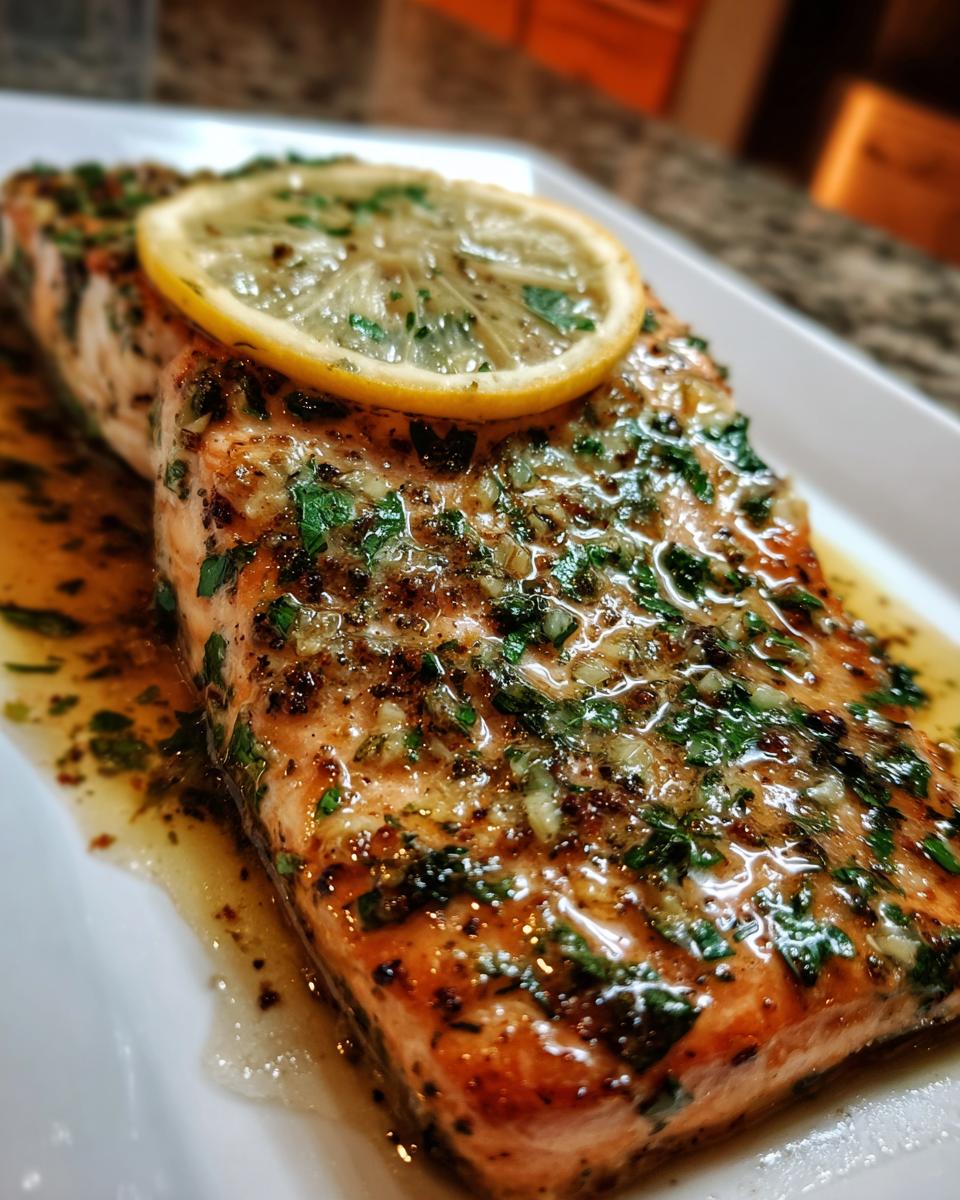 Close-up of a perfectly cooked salmon recipe fillet topped with garlic, herbs, and a lemon slice.