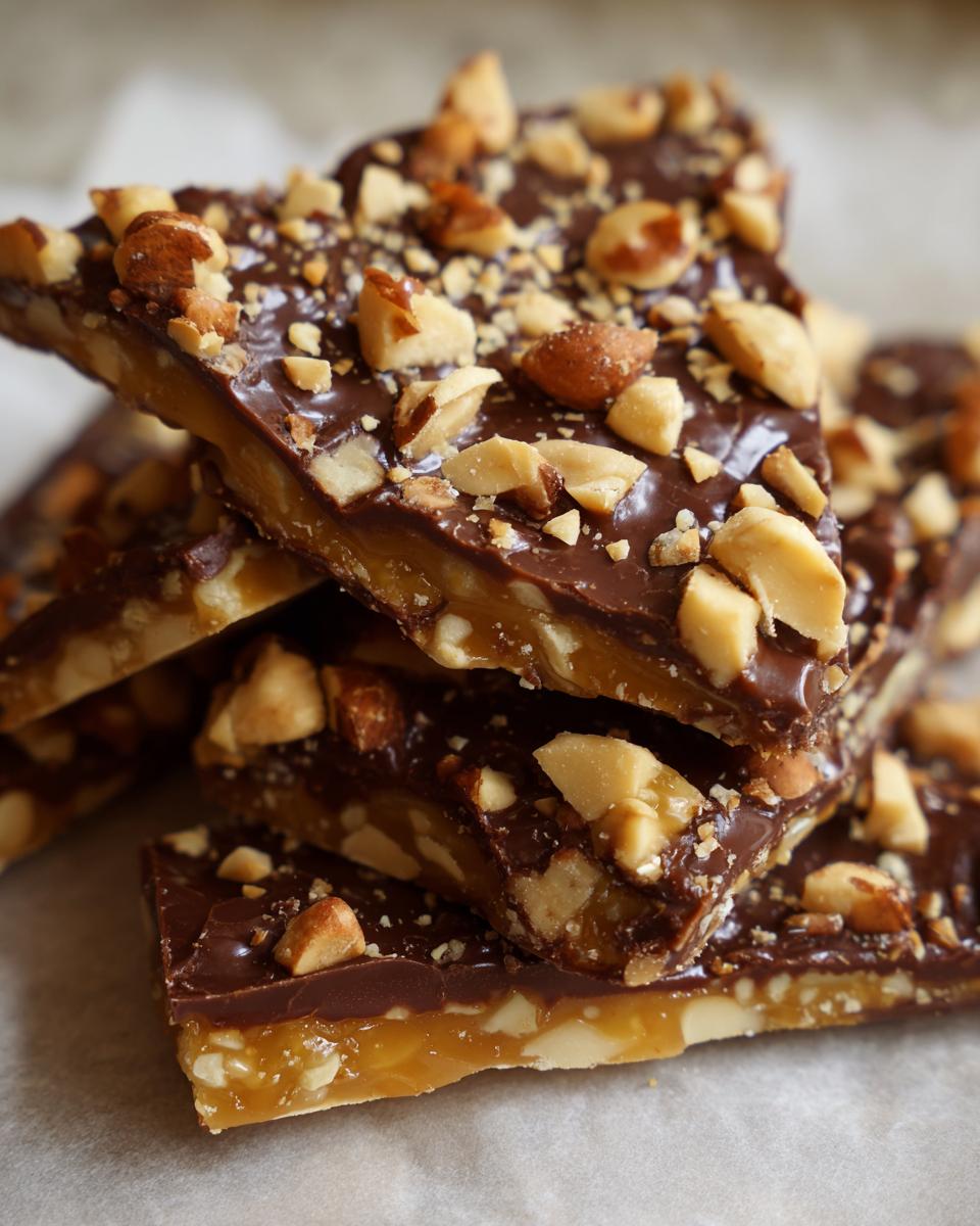 A stack of broken pieces of homemade toffee recipe, featuring a crunchy caramel base, chocolate topping, and chopped almonds.