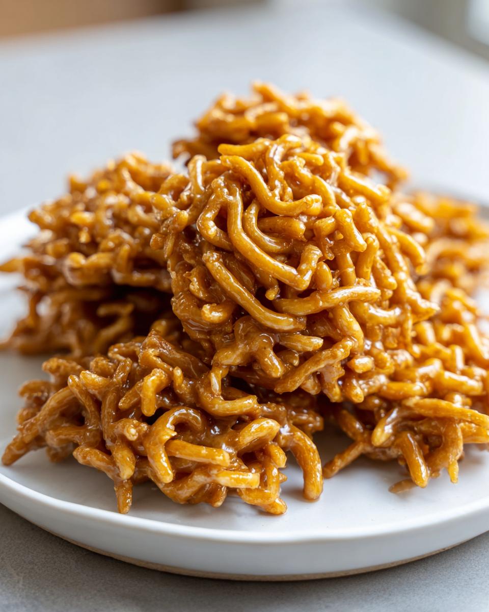 A close-up of several golden-brown, sticky haystack cookies piled on a white plate.