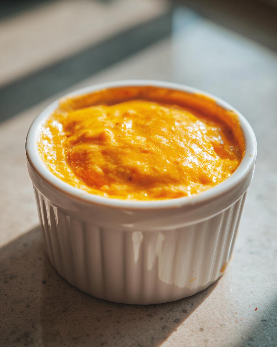 Close-up of vibrant orange beer cheese dip served warm in a white, fluted ramekin.