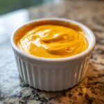 Close-up of smooth, vibrant orange beer cheese dip served in a small white fluted ramekin.