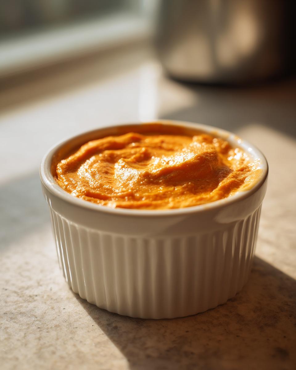 A small white ramekin filled with vibrant orange, creamy beer cheese dip, lit by warm sunlight.