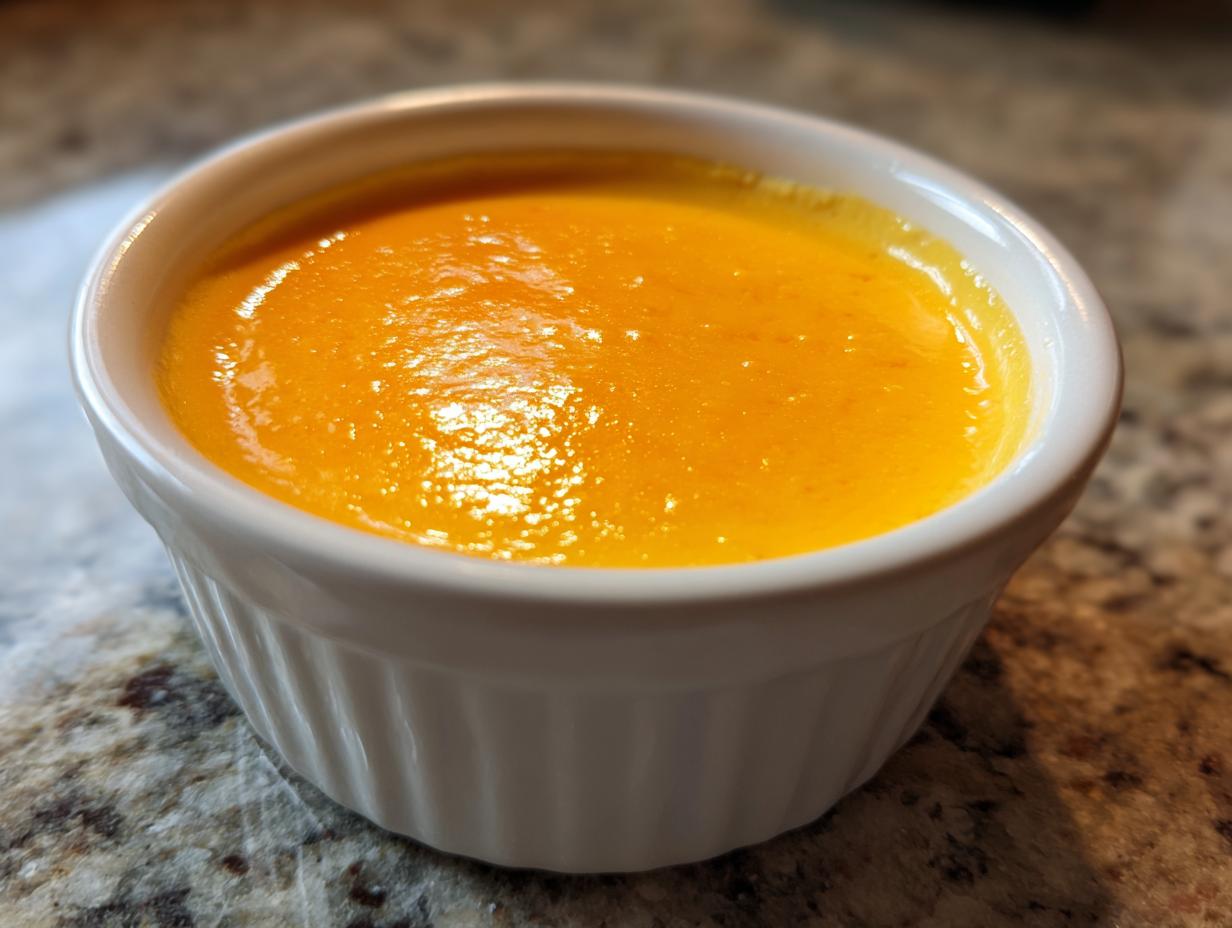 Close-up of smooth, bright orange beer cheese dip served warm in a small white fluted ramekin.