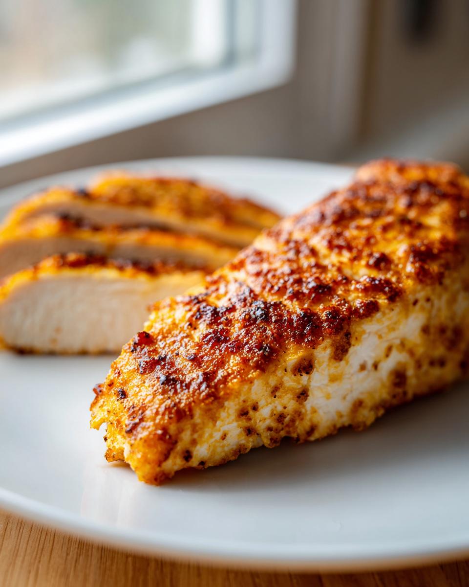 Close-up of a juicy, seasoned air fryer chicken breast with a golden-brown crust, sliced on a white plate.