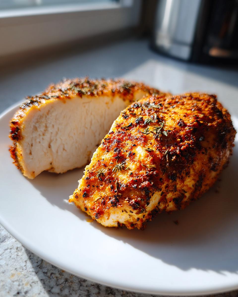 A seasoned and browned air fryer chicken breast, sliced in half to show the juicy white interior.
