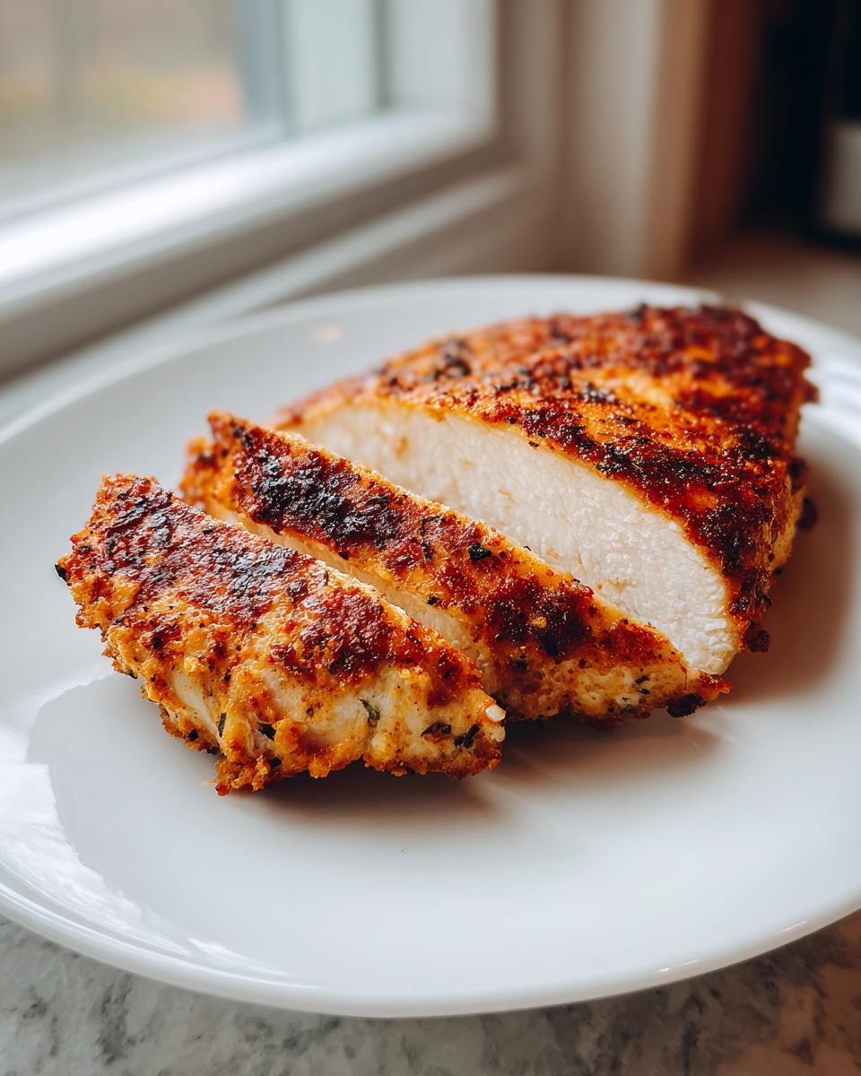 Close-up of a juicy, seasoned air fryer chicken breast, sliced to show the white interior.