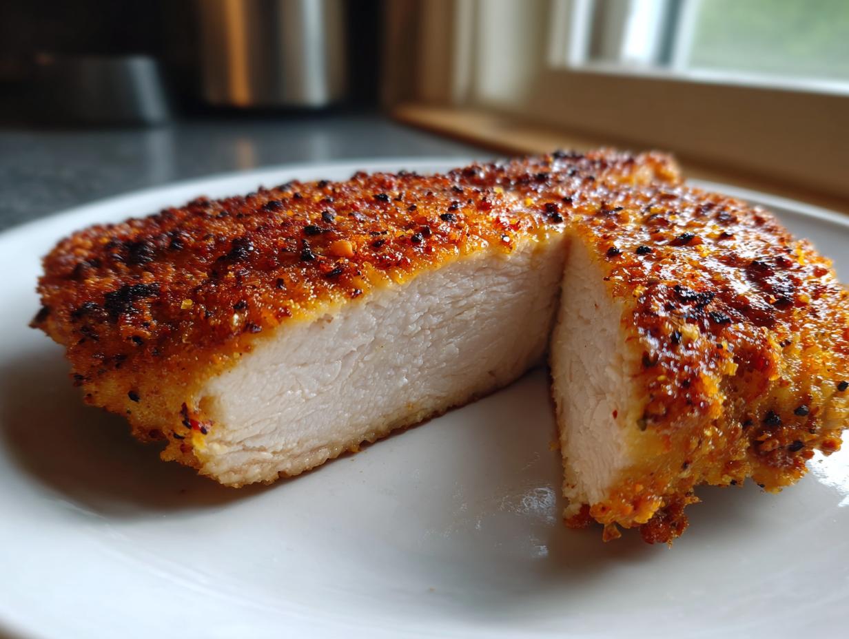 Cross-section view showing the juicy white interior of an air fryer chicken breast with a crispy, seasoned, golden-brown crust.