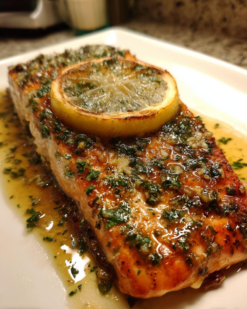 Close-up of a perfectly cooked salmon recipe fillet topped with garlic, parsley, and a lemon slice.