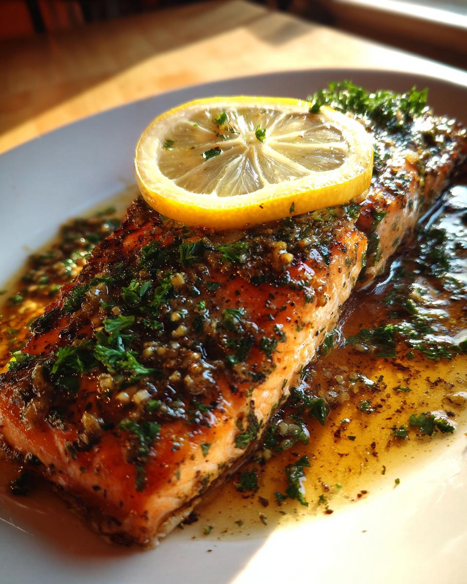 Close-up of a cooked salmon fillet covered in a garlic-herb glaze, topped with a lemon slice.