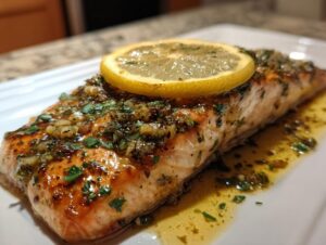 Close-up of a glazed salmon recipe fillet topped with herbs and a lemon slice, sitting in buttery sauce.