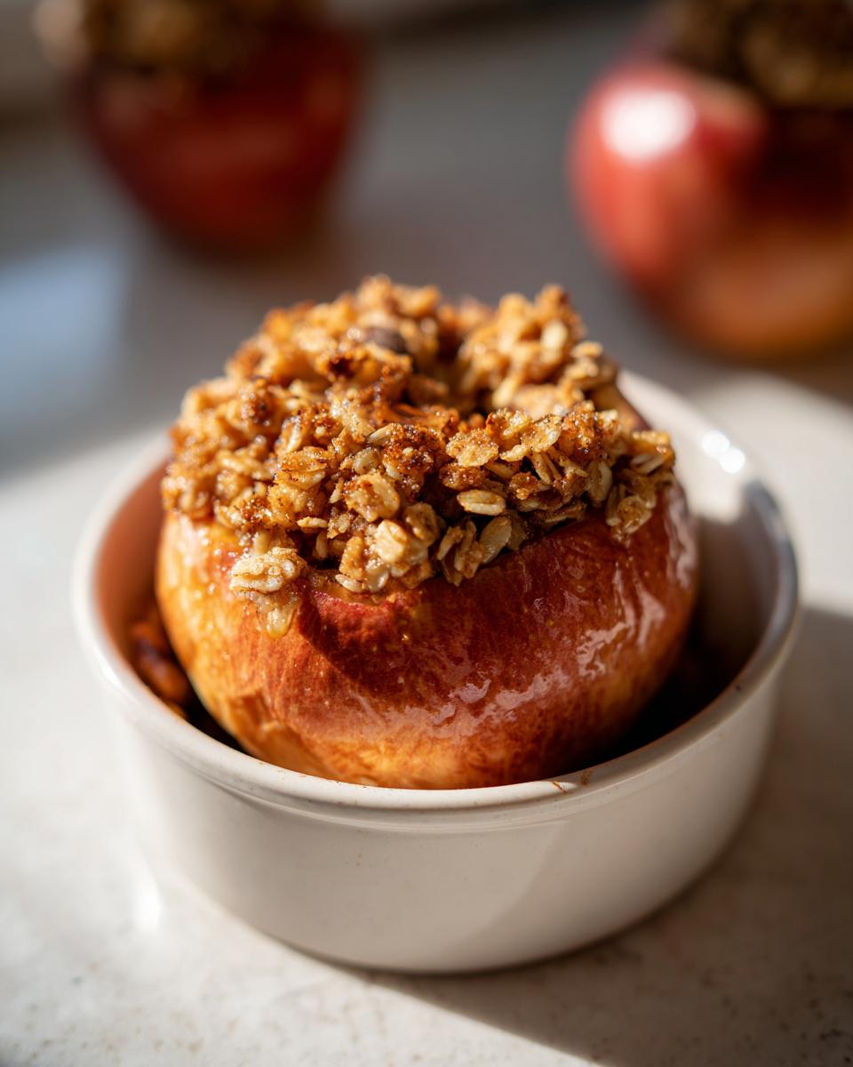 Close-up of a glistening baked apple topped with a generous layer of crunchy oat crumble.