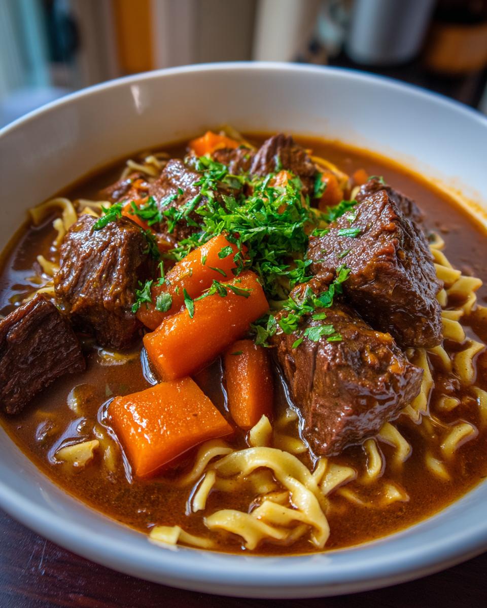 Close-up of a bowl of amazing beef noodle soup with large chunks of beef, carrots, and egg noodles.