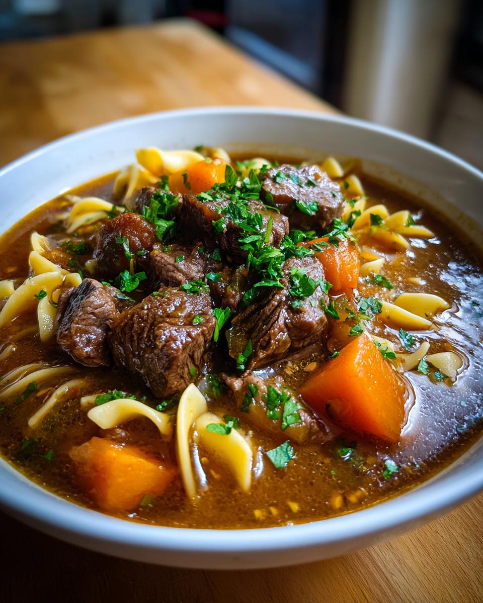 Close-up of a bowl of rich beef noodle soup featuring tender beef chunks, egg noodles, carrots, and fresh parsley.