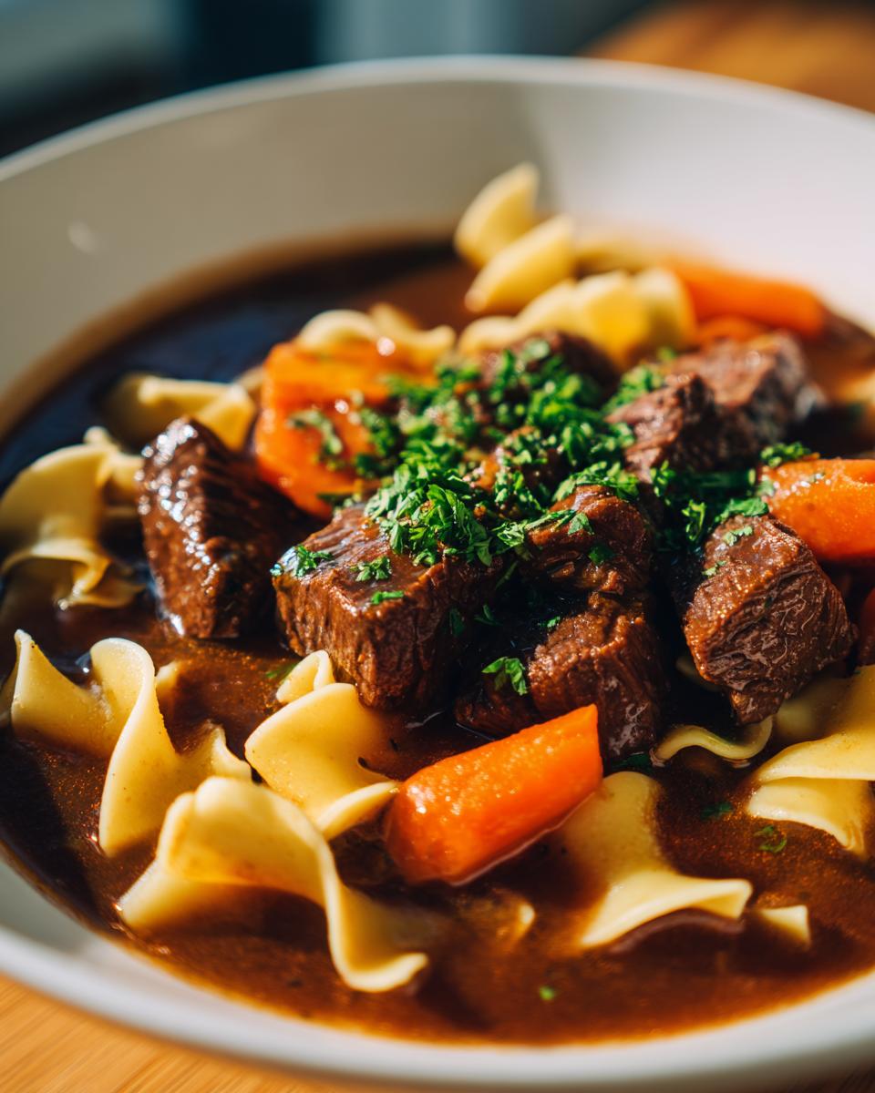 Close-up of a bowl of rich beef noodle soup featuring tender beef chunks, egg noodles, and carrots, topped with fresh parsley.
