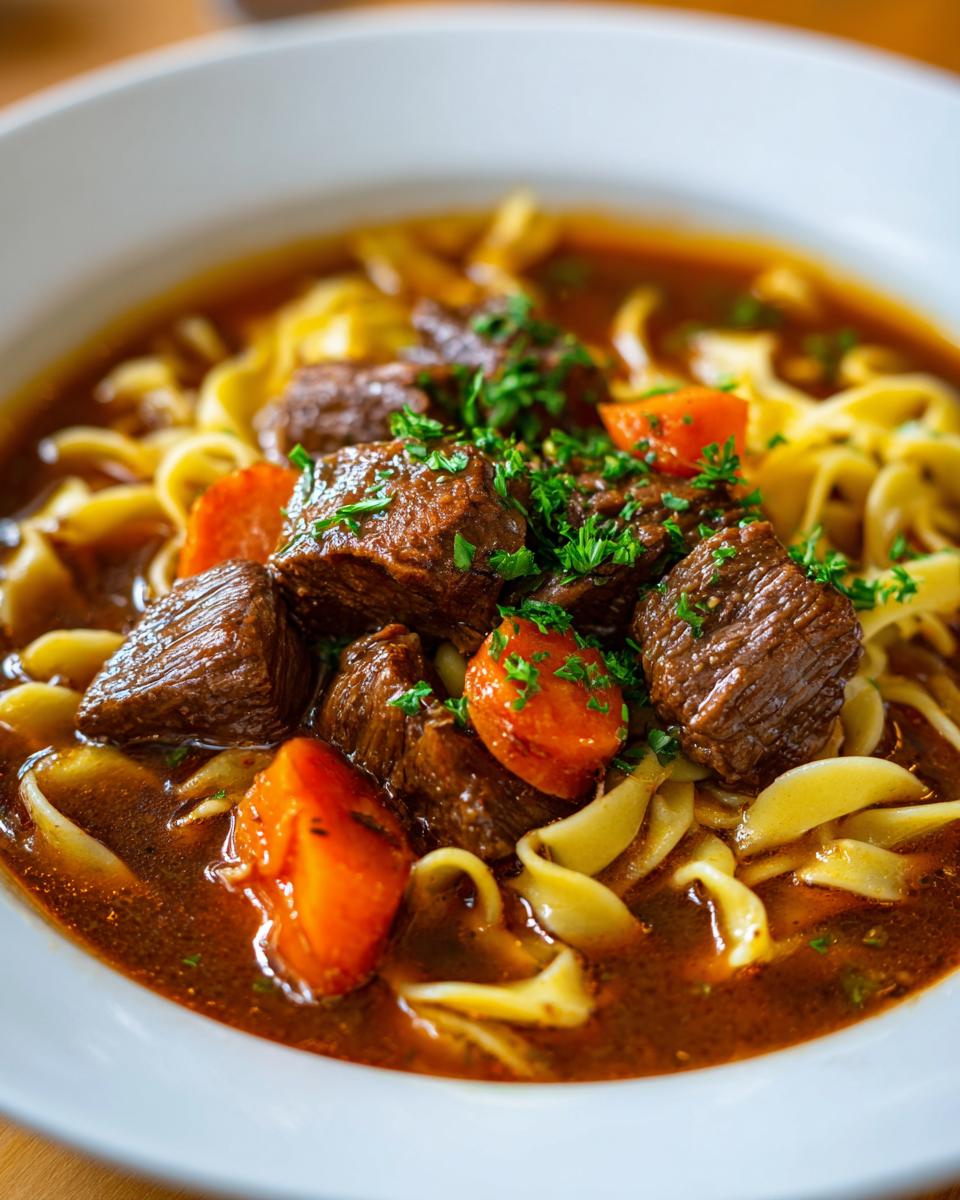 Close-up of a white bowl filled with rich beef noodle soup, featuring tender beef chunks, wide egg noodles, and carrots.