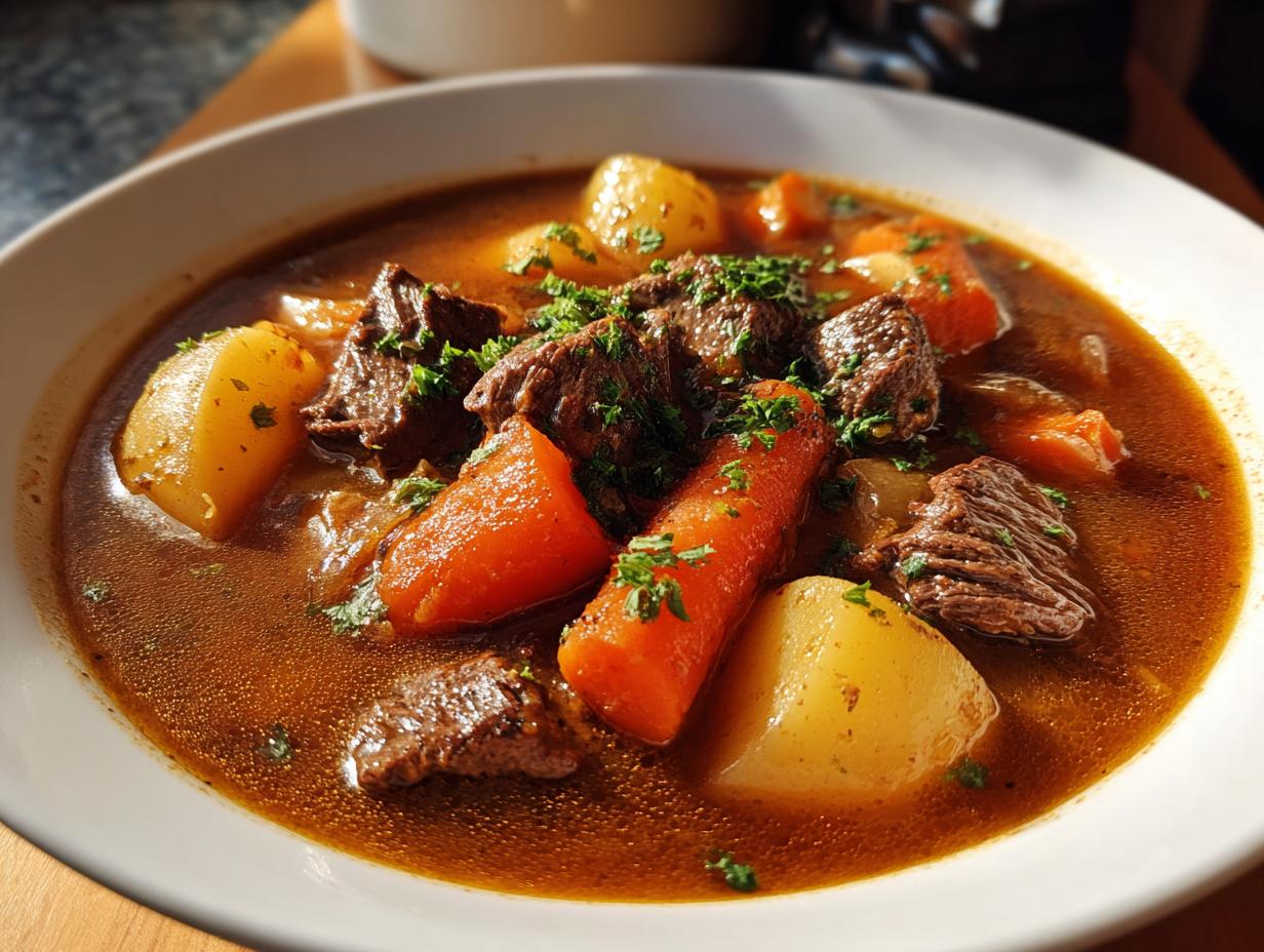 Close-up of a rich, dark broth beef noodle soup featuring chunks of beef, potatoes, and carrots, garnished with parsley.