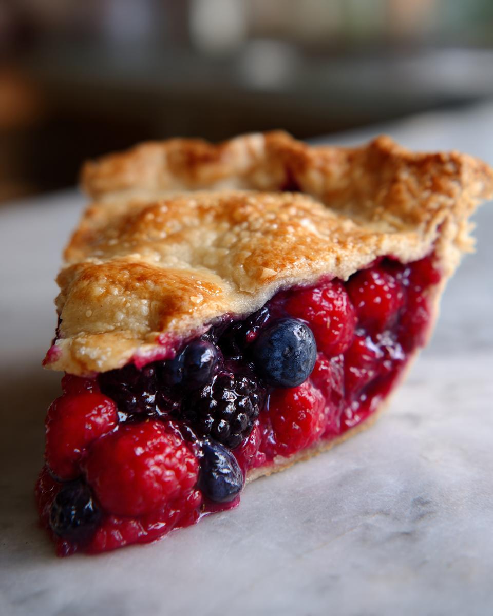 Close-up of a juicy slice of berry pie showing raspberries, blueberries, and blackberries filling.