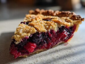 Close-up of a juicy slice of berry pie showing deep red and purple filling and a sugared, flaky lattice crust.