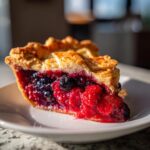 A close-up of a juicy slice of berry pie showing a vibrant red and purple berry filling and golden lattice crust.