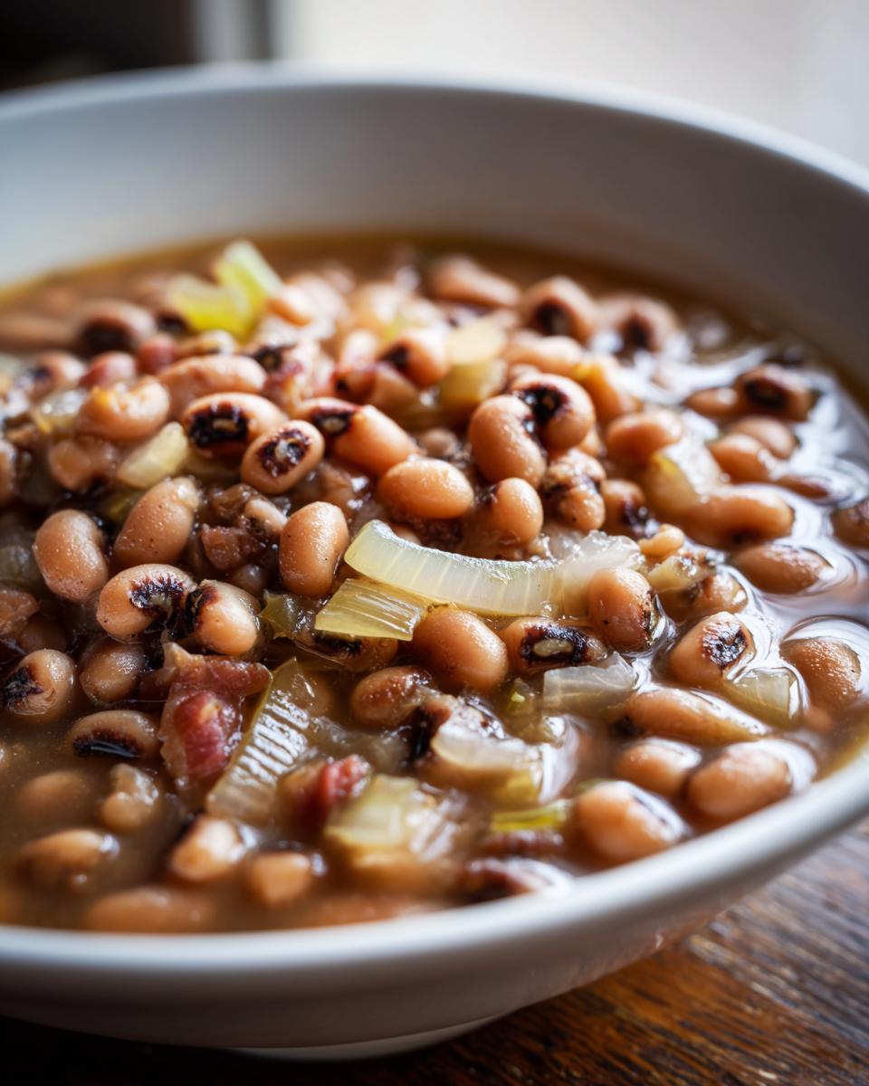 Close-up of a white bowl filled with a savory black eyed peas recipe, featuring tender beans, onions, and bits of meat in broth.
