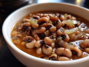 Close-up of a white bowl filled with savory black eyed peas recipe cooked in broth with onions.