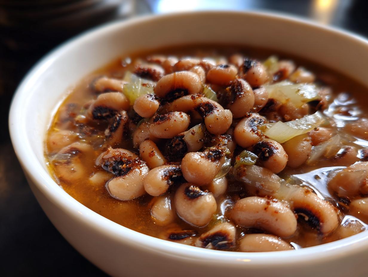 Close-up of a white bowl filled with savory black eyed peas recipe cooked in broth with onions.