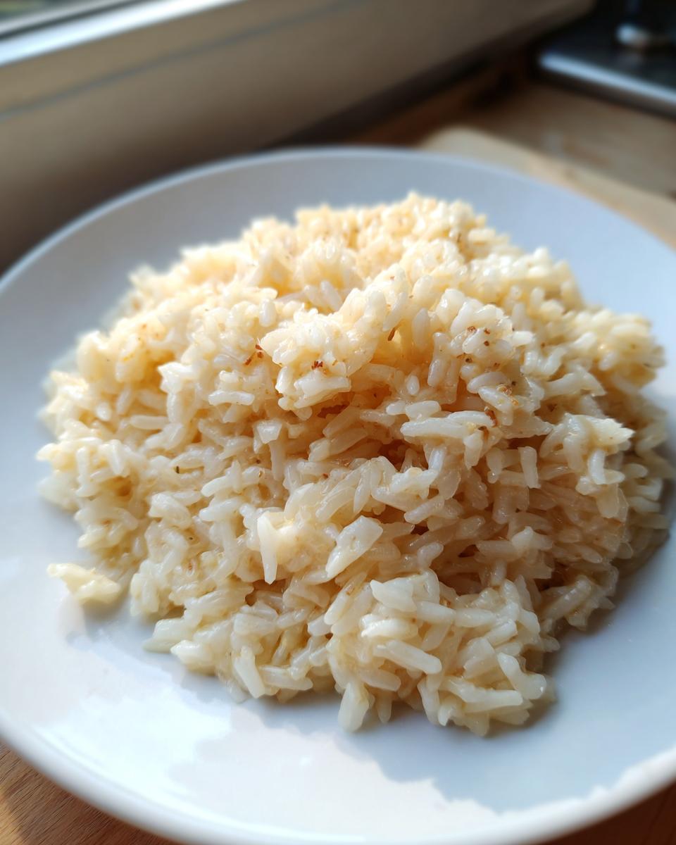 A close-up shot of a serving of creamy, cheesy rice on a white plate, highlighted by natural window light.